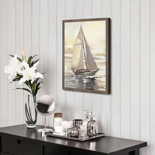Ocean Sailboat Framed Wall Art - Nautical Boat Painting Coastal Sailing Artwork Sunset Seascape Picture Sea Beach Prints Wooden Decor for Bedroom