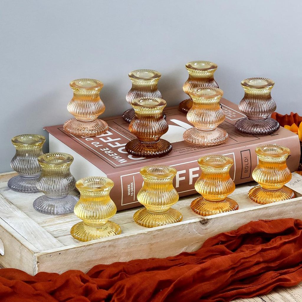 WDHODEC Orange Candlestick Holders - 12PCS Glass Taper Holders for Colorful Table Centerpieces