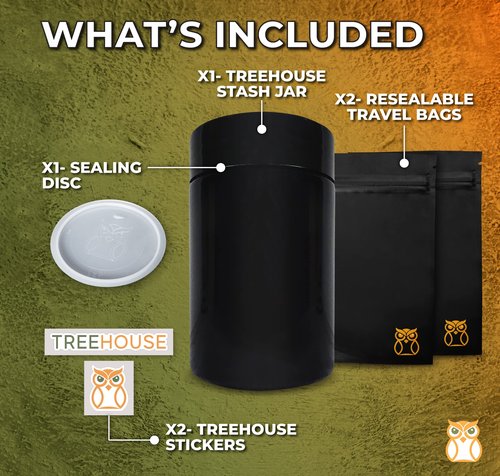 Treehouse Stash Jar Smell Proof Container (500mL) for Herbs, Spices, Coffee, Teas & More - Plus x2 Resealable Smell Proof Bags