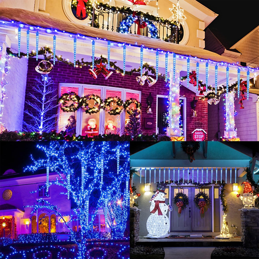 WATERGLIDE 16 Icicles Meteor Shower Lights - 12" Connectable Blue LED Christmas Decor | 384 SMD Crystal Ice Lights