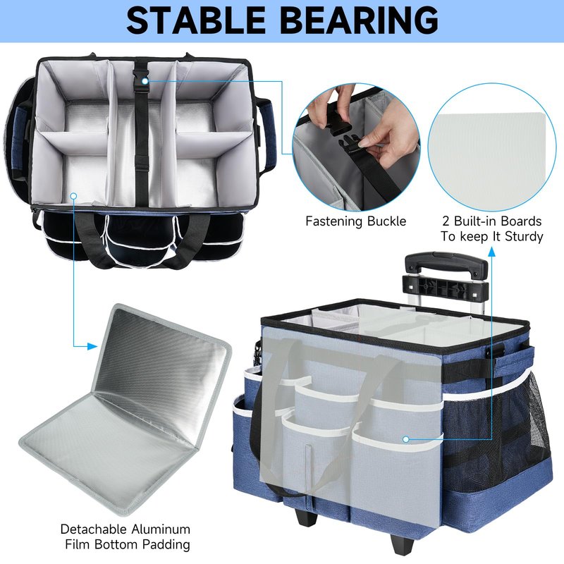 ZIOZERTT Large Rolling Cleaning Caddy Bag with Detachable Trolley,Cleaning Cart on Wheels with Shoulder Strap,Cleaning Supplies Organizer for Housekeepers,Blue