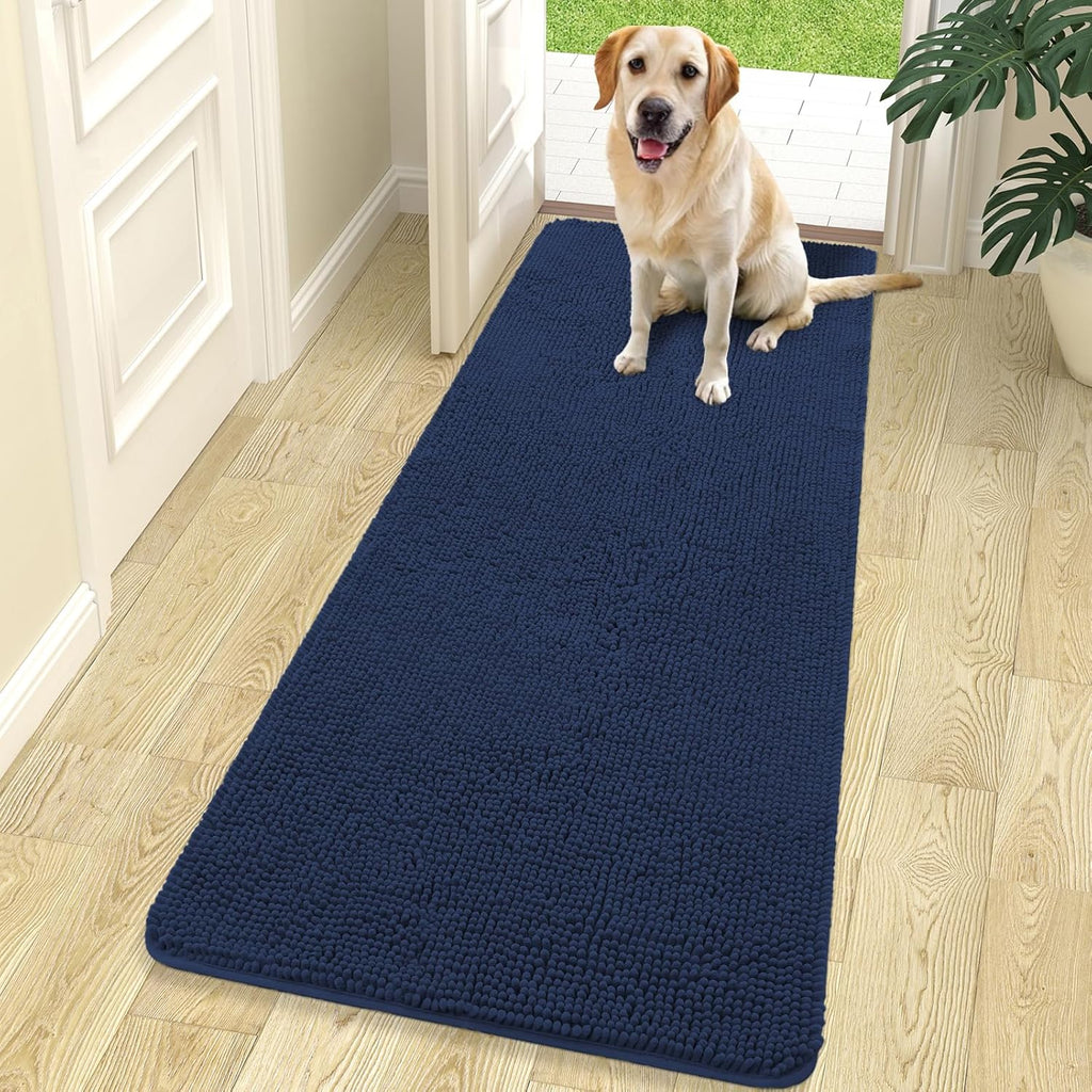OLANLY Dog Door Mat - Absorbent Non-Slip Chenille Mat for Muddy Paws | 70x24 Dark Blue Indoor Carpet