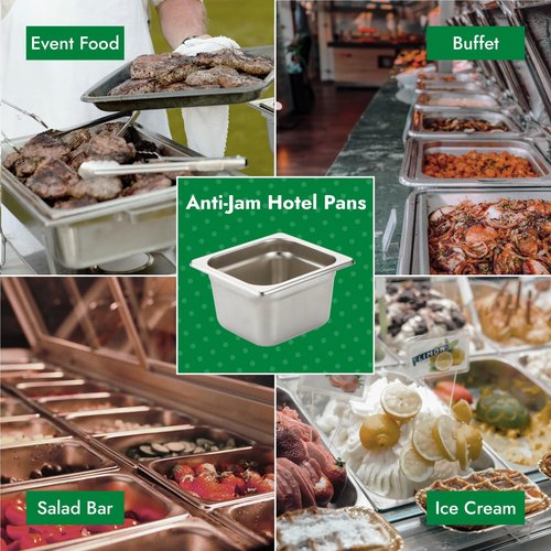 HECMAC 6 Pack Anti-Jam Hotel Pans, 1/6 Size 4 Inch Deep, Commercial Stainless Steel Chafing Steam Table Pan, Catering Storage Metal Food Pan, 23 Gauge