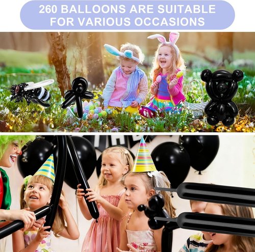 260 Premium Long Skinny Black Latex Balloons - Perfect for Twisting, Weddings & Birthday Parties