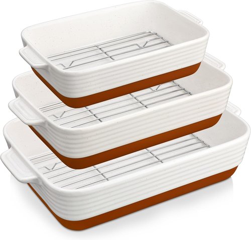 MALACASA Casserole Dishes Set of 3 - Ceramic Baking Pans with Roasting Racks | Khaki White (14.5''/13''/10.5'')