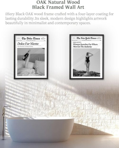 iHery Premium Black Oak Wood Framed Wall Art - Retro Woman Canvas Decor for Dorm & Living Room | 16x20in