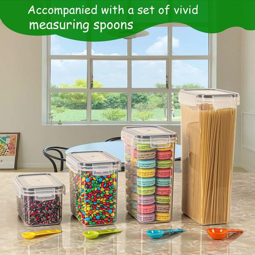 Airtight Food Storage Containers with Lids Set 14 Pack, Kitchen Pantry Organizers and Storage for Cereal Flour Sugar Pasta Snacks, Clear Plastic BPA Free Dry Food Canisters with 16 Labels & 5 Spoons