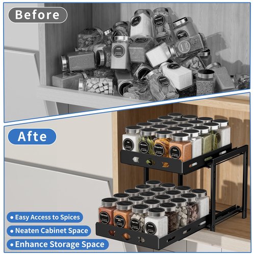 BOIVSHI Pull Out Spice Racks for Inside Cabinets, 2-Tier Cabinet Spice Rack, Height Adjustable Spice Rack Organizer for Cabinet, Kitchen Vertical Spice Rack (9.7''Wx10.8''Dx9.2''H, Metal Black)