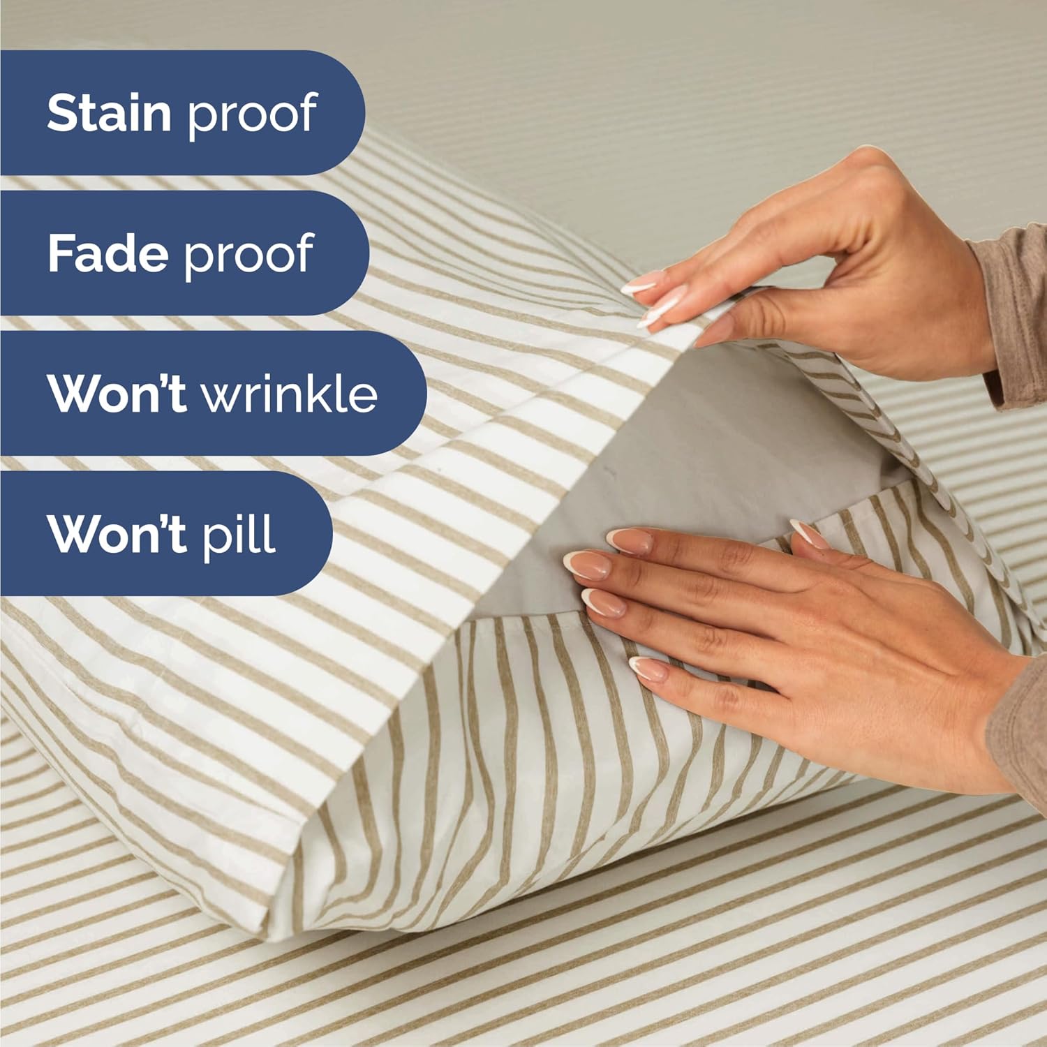 Skiennix Queen 6 Piece Sheet Set - Comfy, Breathable Cooling Luxury Bedding - Beige Stripes