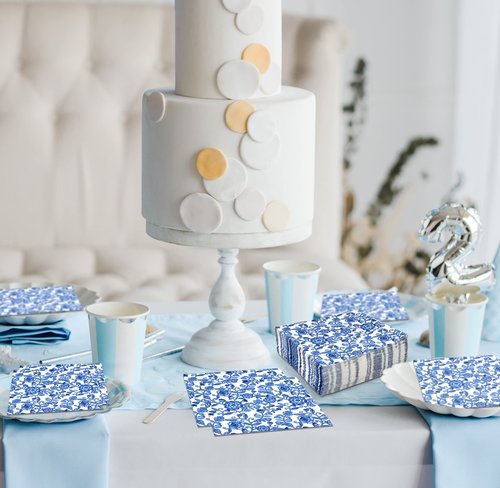 Gift Boutique 100 Blue Floral Cocktail Beverage Napkins Disposable Paper Spring Blue Flowers Dessert Napkin for Spring Flower Wedding Holiday Bridal & Baby Shower Tableware Party Supplies