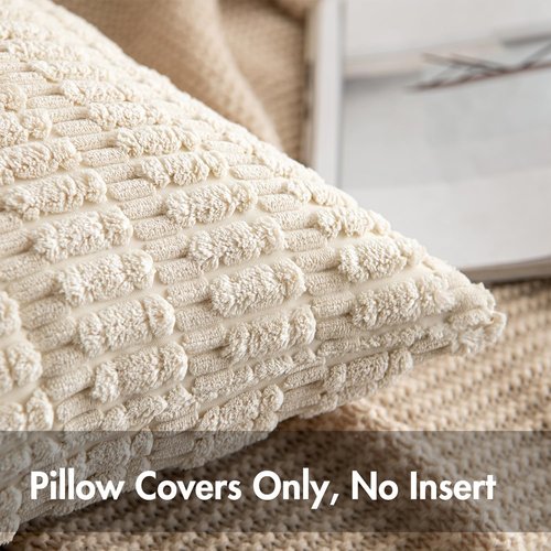 MIULEE Corduroy Decorative Throw Pillow Covers - Soft Boho Striped 18x18 Inch for Modern Farmhouse Decor | Cream White