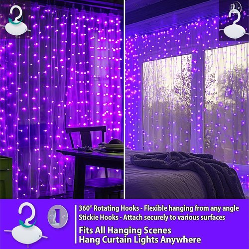 HXWEIYE 300LED Fairy Curtain Lights - 9.8x9.8Ft USB Plug-In with Remote | 8 Modes for Bedroom & Wedding Decor, Purple