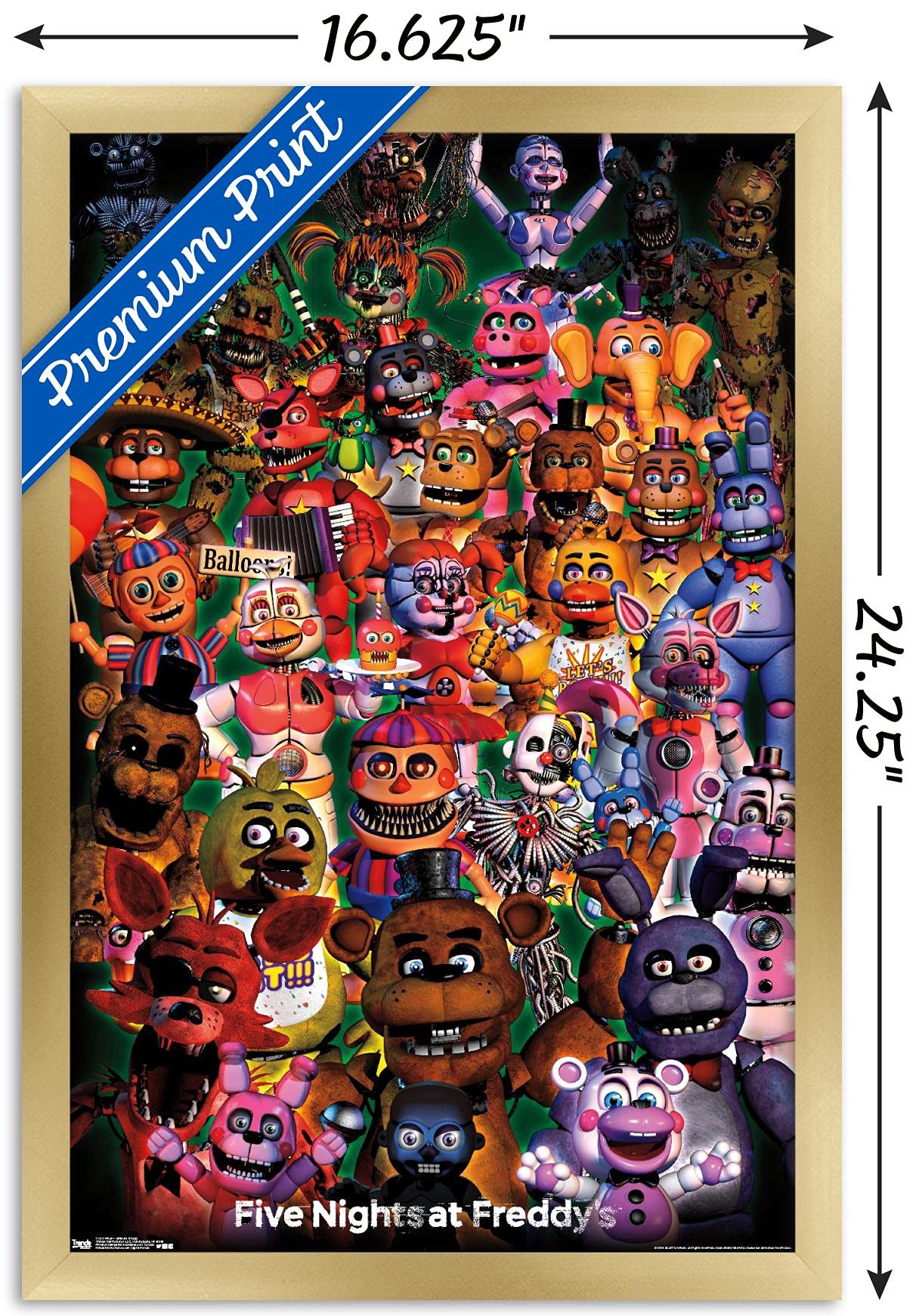 Trends International Five Nights at Freddy's - Ultimate Group Wall Poster, 14.725" x 22.375", Gold Framed Version