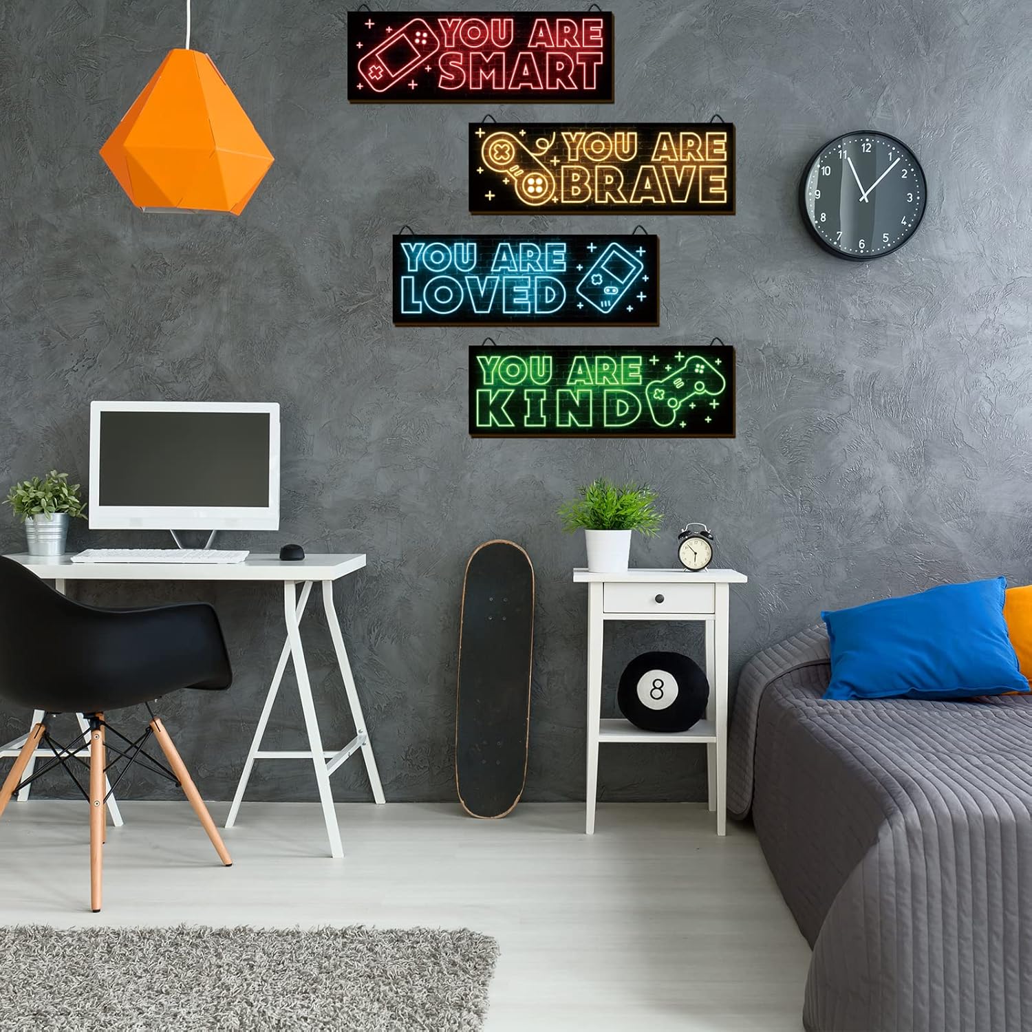 YLOLUL Neon Game Art Prints - 4-Piece Wood Wall Decor for Boys' Rooms | Inspirational Gamer Decor, 12 x 4 Inch, Red