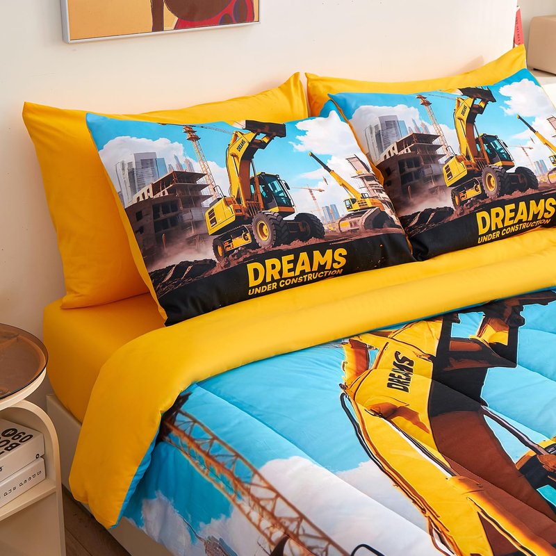 ZUEXVOFY Yellow Digger Twin Bedding Set for Boys – 5 Piece Comforter Bed Sheets Set, Kids’ Bedroom Decor, Teen Boy Room, Car and Excavator Theme, Kids’ Gift, Children’s Twin Bed in a Bag