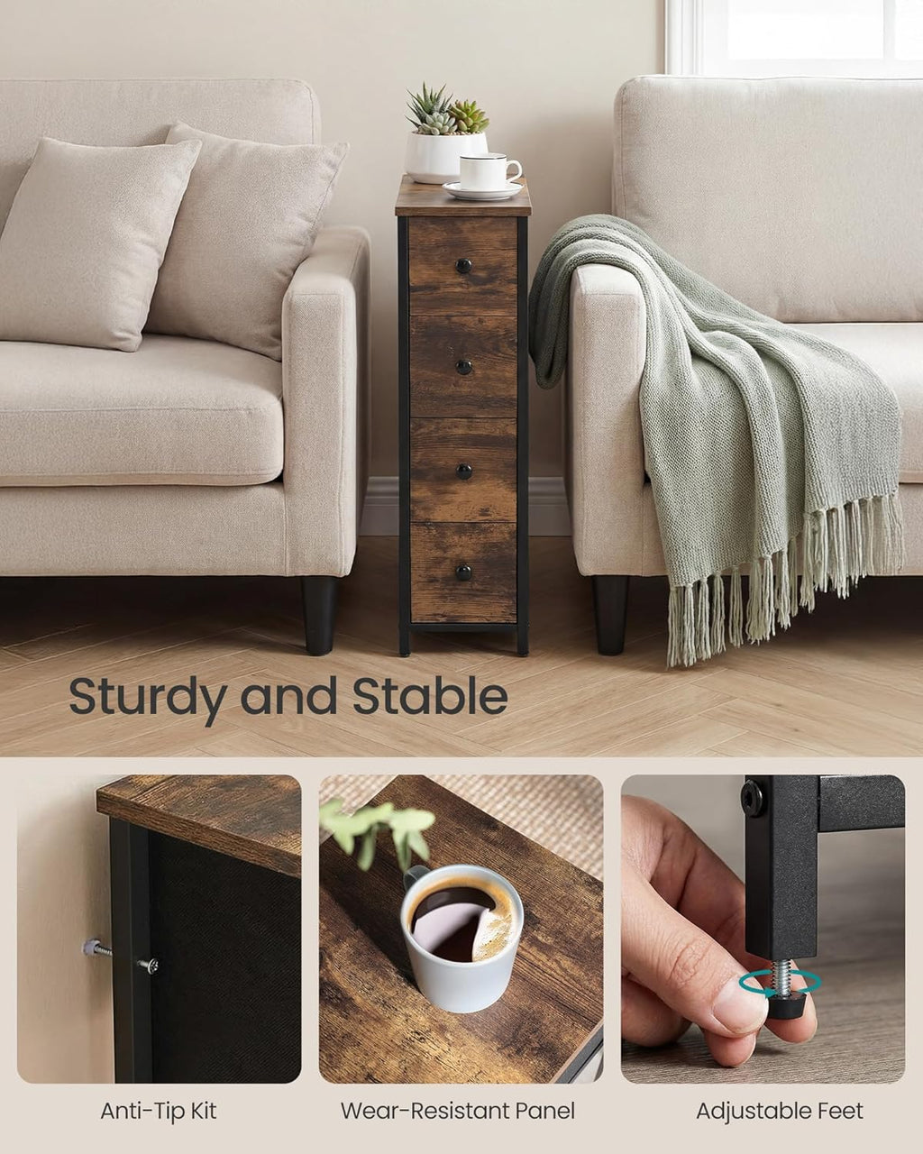 SONGMICS Dresser - Narrow Chest of Drawers for Bedroom Storage | 4-Drawer Organizer in Rustic Brown & Ink Black