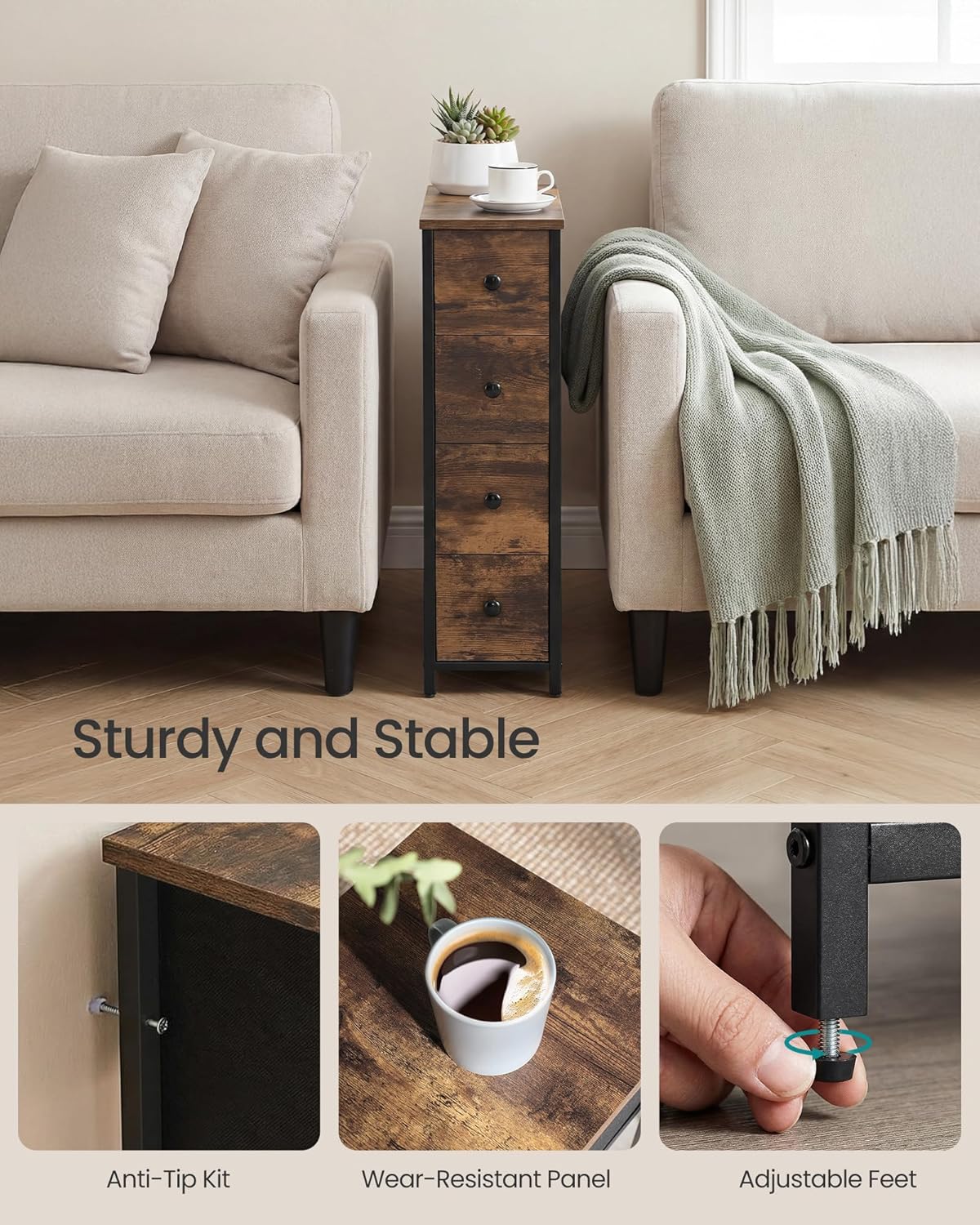 SONGMICS Dresser - Narrow Chest of Drawers for Bedroom Storage | 4-Drawer Organizer in Rustic Brown & Ink Black