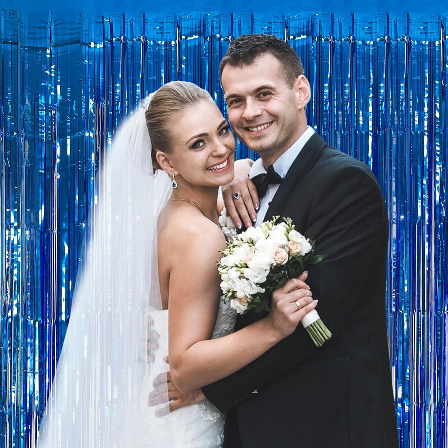 Skiennix 20 Pack Foil Curtain Backdrop - Blue Metallic Tinsel Fringe for Party Decorations