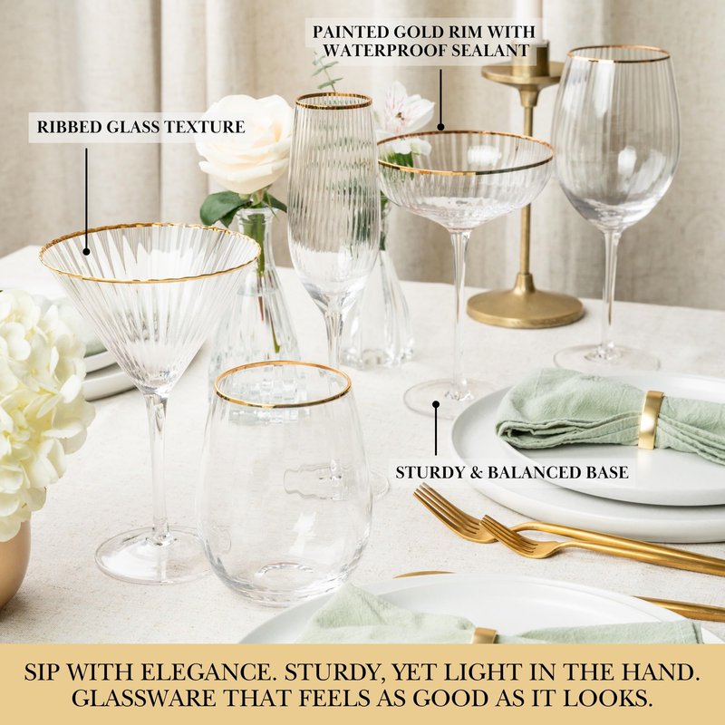 QUALIA Rocher Crystal Martini Glasses Set of 4 Unique Martini Glasses for Wedding, Lead-Free Hand Blown Ribbed Glassware, 9.5 oz Unique Cocktail Glass, Wedding Gifts For Women, Espresso Martini Gifts
