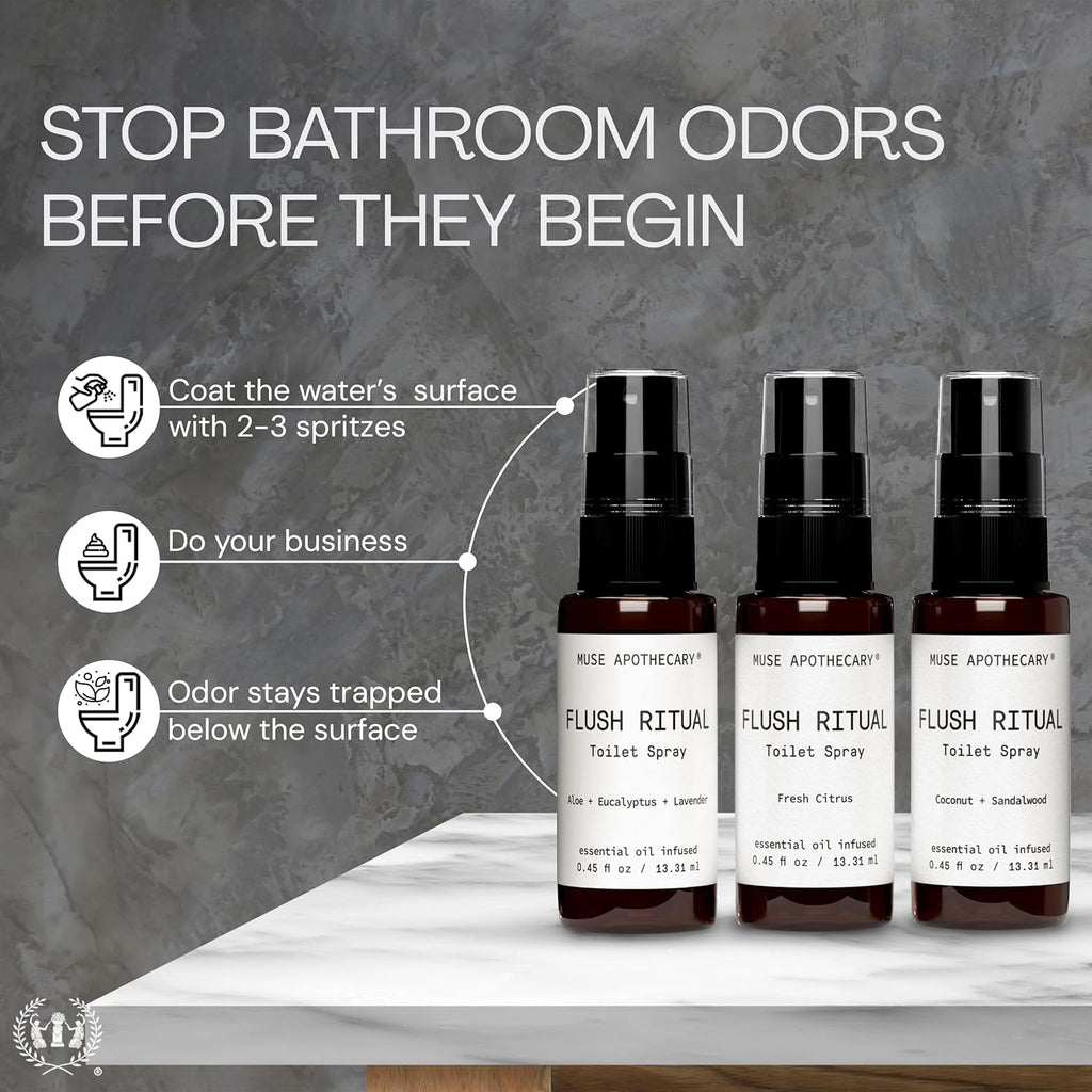 Muse Apothecary Flush Ritual Toilet Spray - Refreshing Aromatic Essential Oils | Aloe, Eucalyptus, Lavender - Travel Size Mini Collection, 0.45 oz, 3 Pack