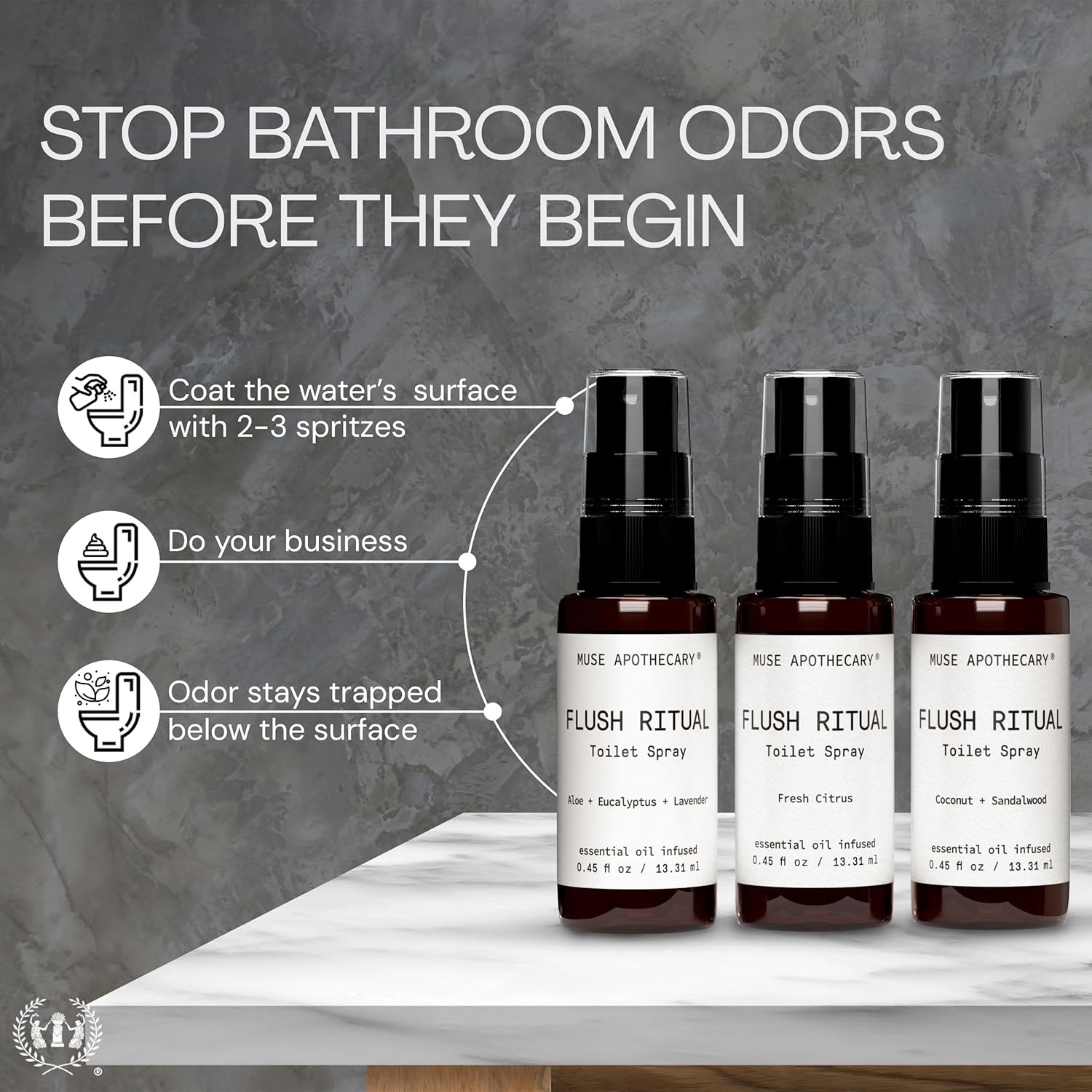 Muse Apothecary Flush Ritual Toilet Spray - Refreshing Aromatic Essential Oils | Aloe, Eucalyptus, Lavender - Travel Size Mini Collection, 0.45 oz, 3 Pack