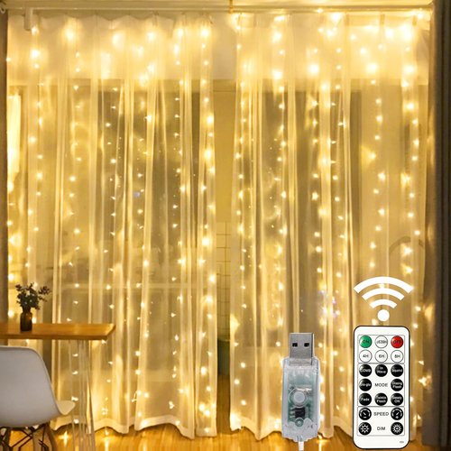 HOME LIGHTING 300 LED Window Curtain String Lights - 8 Lighting Modes, Remote Control, USB Powered | Warm White for Christmas & Weddings