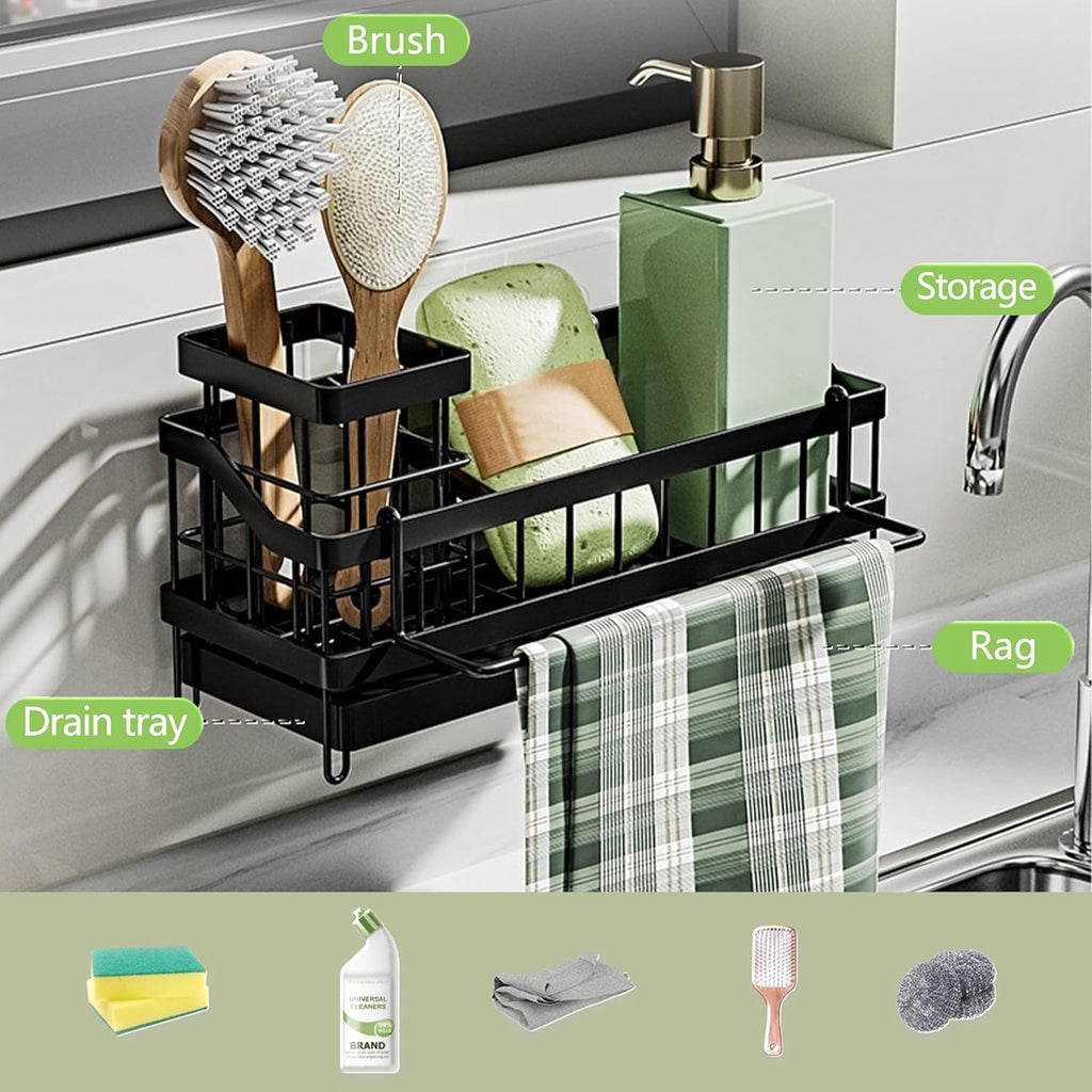 Skiennix Kitchen Sink Caddy Organizer - Rustproof Sponge Holder with Brush & Soap Dispenser | Multi-Functional Countertop Storage