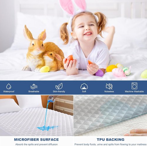 GRT Queen Waterproof Mattress Pad - 100% Noiseless Quilted Protector | Fits 8"-26" Deep Mattresses