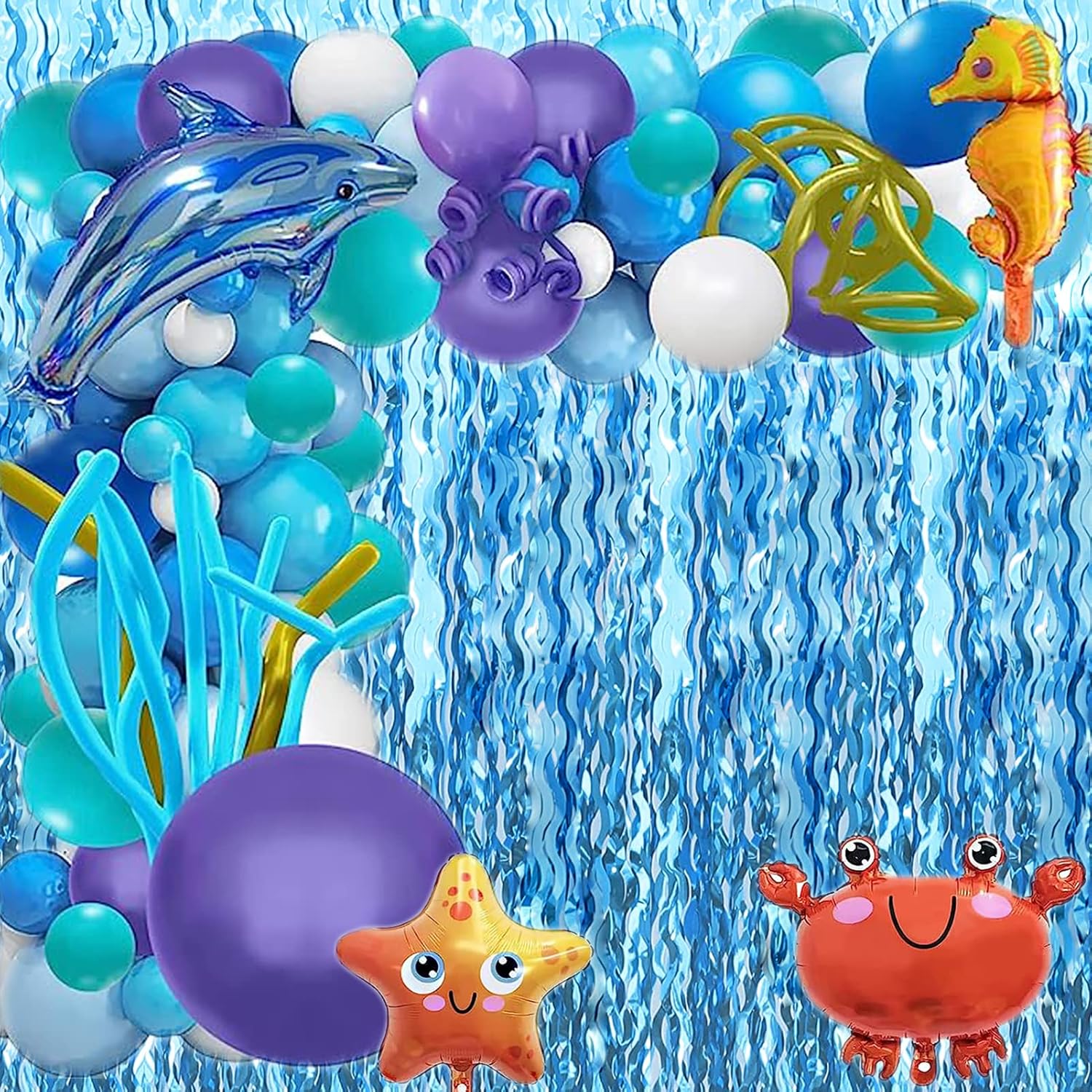 Skiennix Wavy Tinsel Foil Fringe Curtains - Teal Blue Streamers Backdrop for Ocean-Themed Parties | 2 Pack, 3.2 ft x 6.6 ft