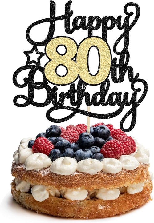 Happy 80th Birthday Cake Topper by [Brand Name] - Black Gold Glitter Design for Celebration