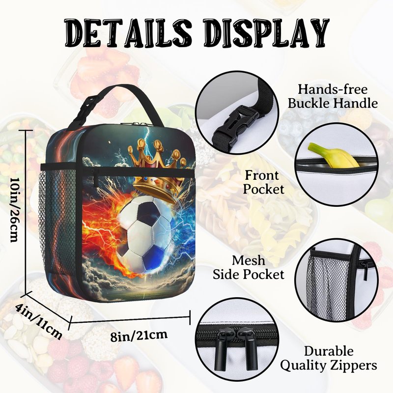 Quelindra Soccer Lunch Box，Water And Fire Crown Football Ball Lunch Bag，Sports-Themed Lunch Bag For Kids Teens Boys Girls, Insulated Cooler Waterproof Reusable Lunch Bags,Tote Bag With Double Zippers