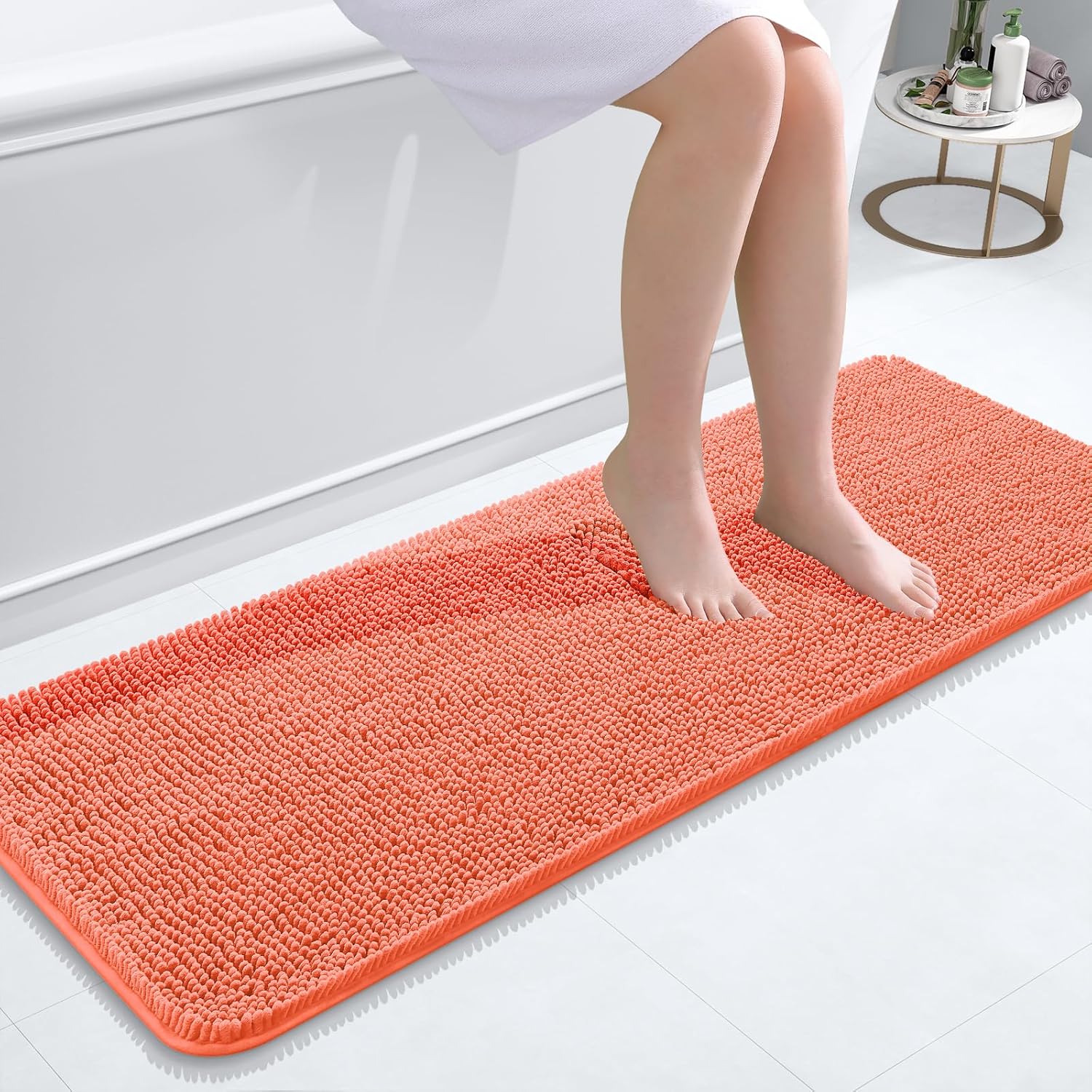 OLANLY Bathroom Runner Rugs - Extra Soft Chenille Bath Mats | Quick-Dry, Machine Washable, Coral 47x17