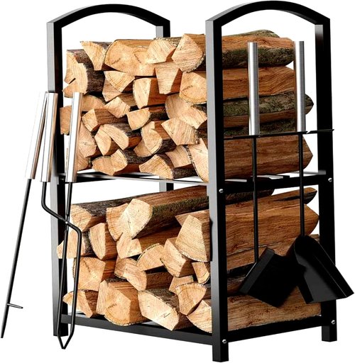 HOME IT Firewood Rack - 2-Tier Indoor/Outdoor Holder with Tools Set | Waterproof Steel Pipe, Black, 17x12x29