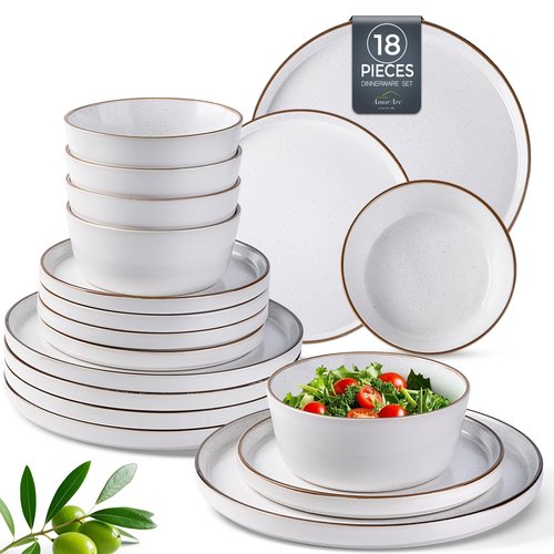 AmorArc Dinnerware Set for 6, 18 Pieces Ceramic Plates and Bowls Set, Handcrafted Speckled Stoneware Plates, Dishwasher & Microwave Safe Dishes - (White, Service for 6)