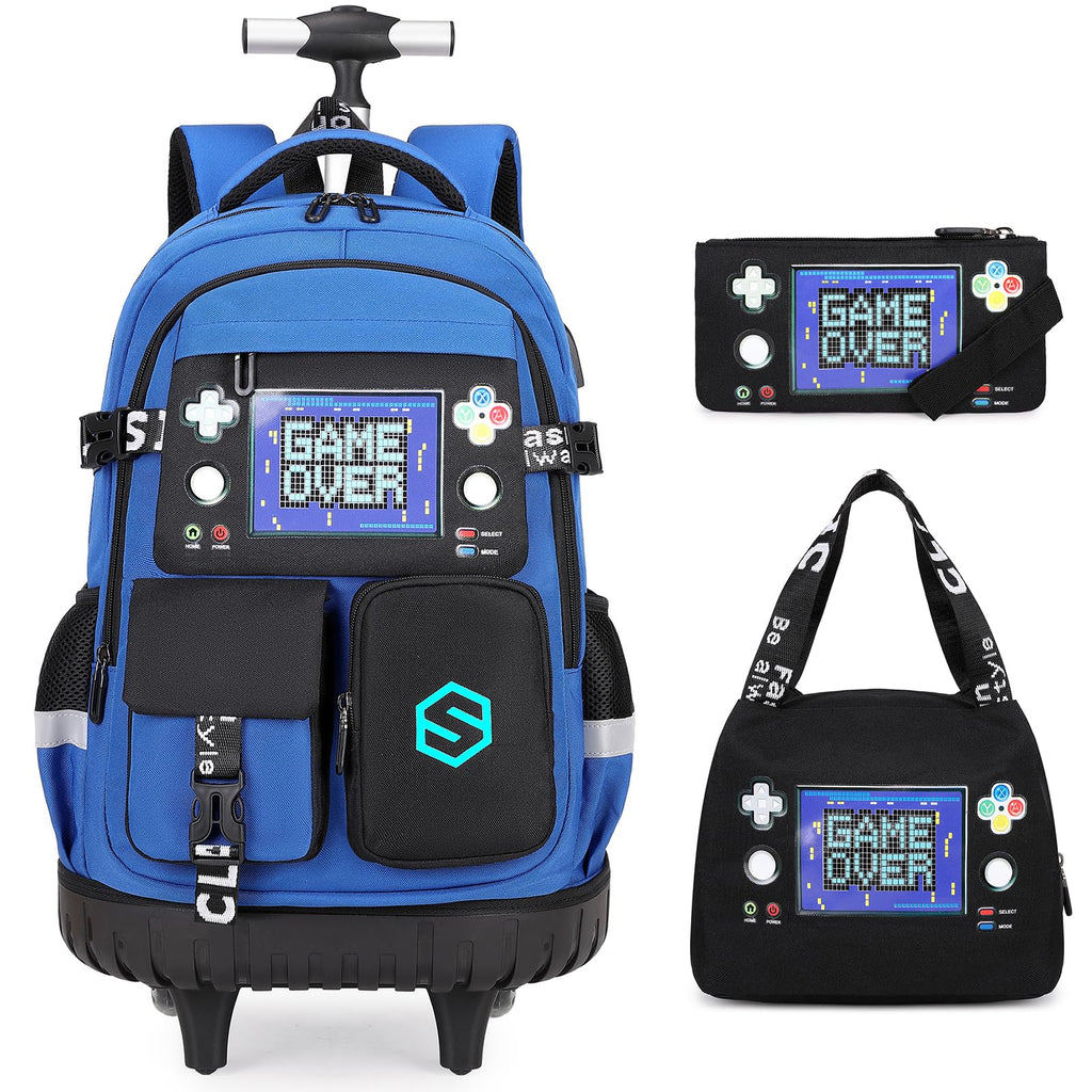 Scothen Rolling Backpack for Boys, Cool Luminous Gamer Roller School Backpacks for Boys with Lunch Bag and Pencil Pouch, Kids Backpack Bookbag with Wheels for Kindergarten Elementary Middle School