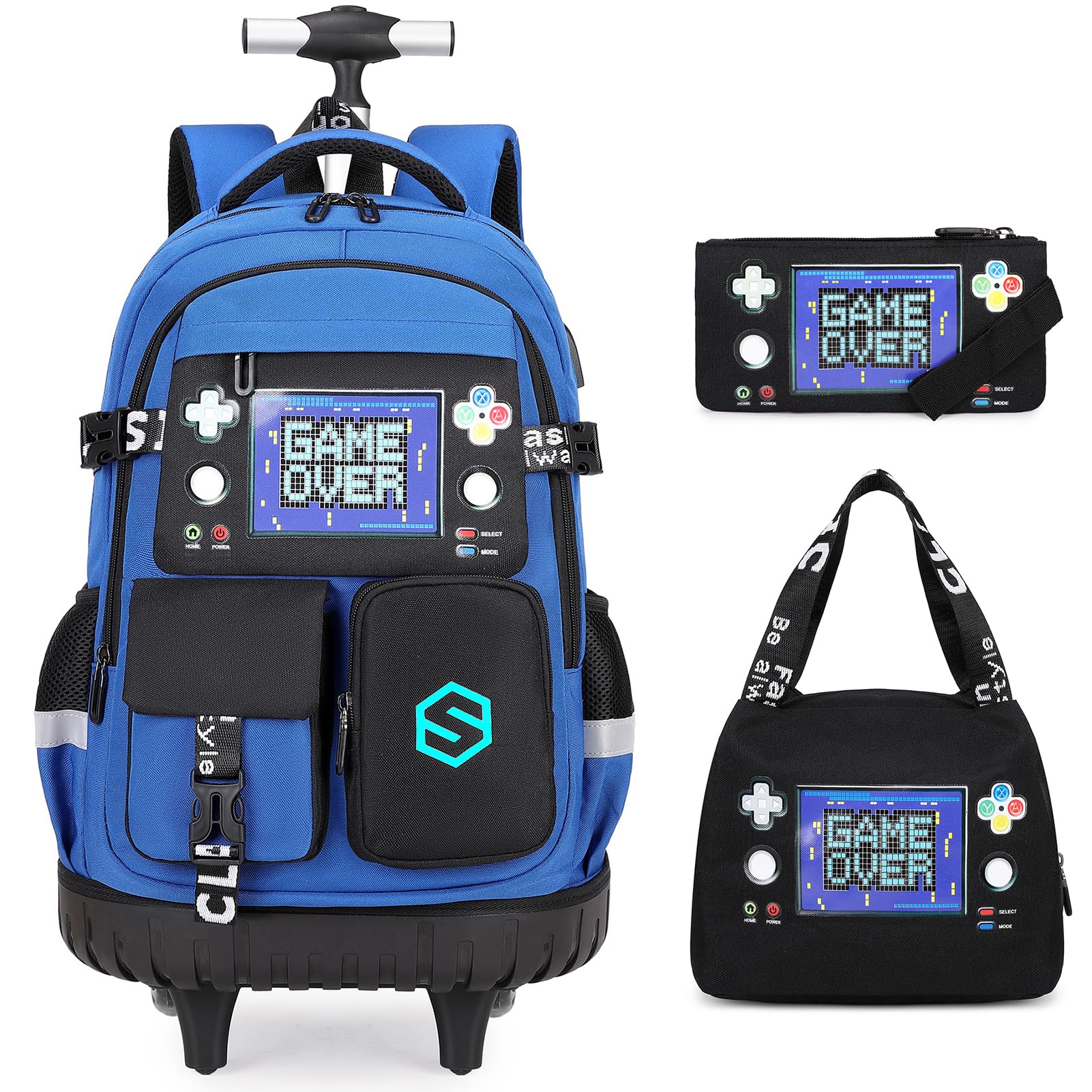 Scothen Rolling Backpack for Boys, Cool Luminous Gamer Roller School Backpacks for Boys with Lunch Bag and Pencil Pouch, Kids Backpack Bookbag with Wheels for Kindergarten Elementary Middle School