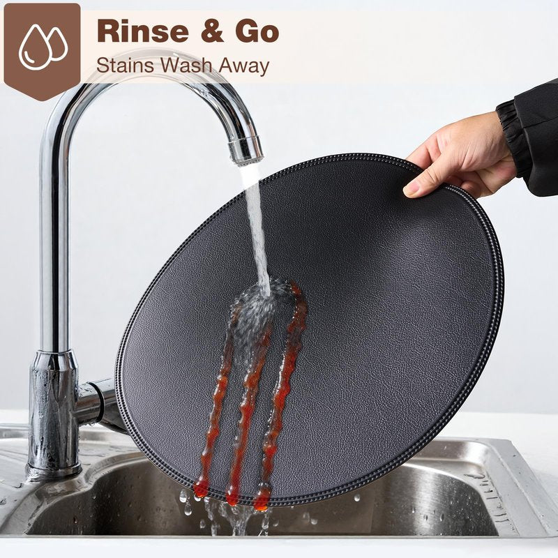 Rinpon Round Vinyl Black Placemats Set of 6, Faux Leather Waterproof Wipeable Heat Resistant Place Mats, Washable Table Mats for Halloween, Thanksgiving & Christmas Dinner(Black)