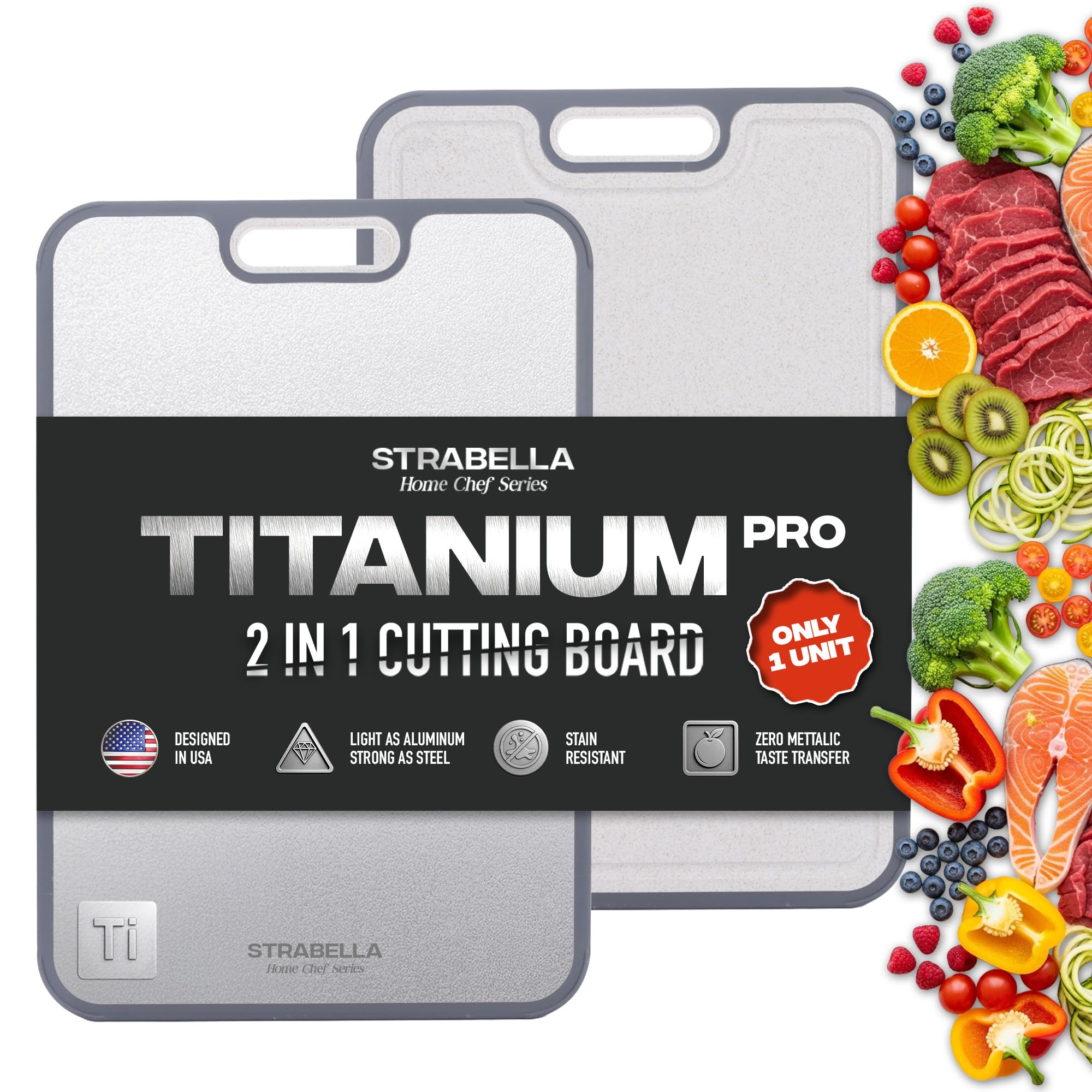 Strabella 100% Pure Titanium Cutting Board - Double Sided Titanium Cutting Boards For Kitchen - Dishwasher Safe Large Cutting Board for Cutting Meats, Fruits, Vegetables
