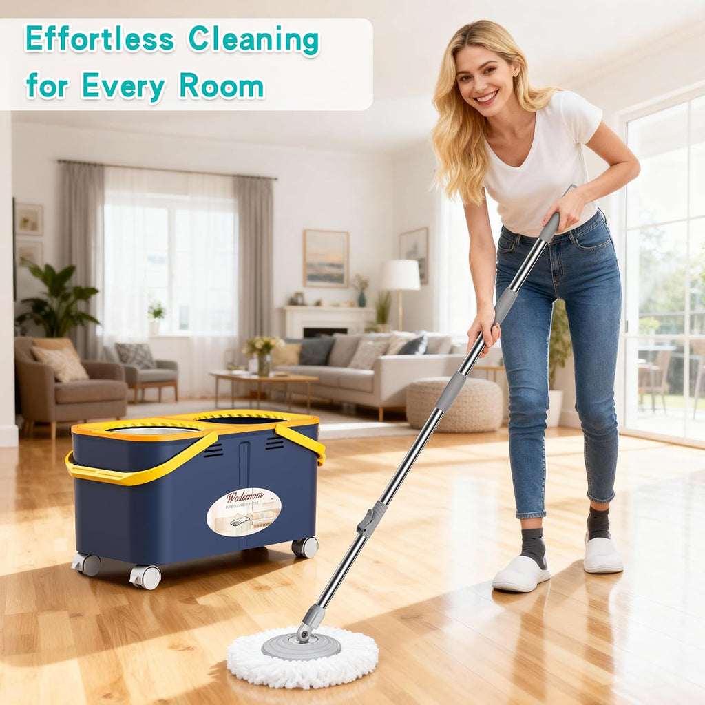 Skiennix Compact Spin Mop - 360° Swivel Wheels, Clean & Dirty Water System, 6 Reusable Mop Heads | Blue/Yellow