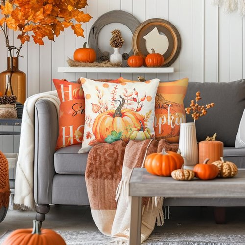 Flutesan 12 Pcs Fall Pillow Covers 18 x 18 Inch Hello Pumpkin Autumn Thanksgiving Decorations Throw Pillow Covers Square Cushion Case for Couch Sofa Outdoor Indoor Home Decor