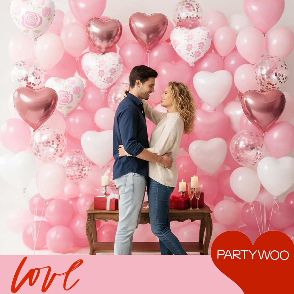 PartyWoo Pink Balloons - 127 Pcs in Various Sizes with Heart Foil for Valentine's Day Decor