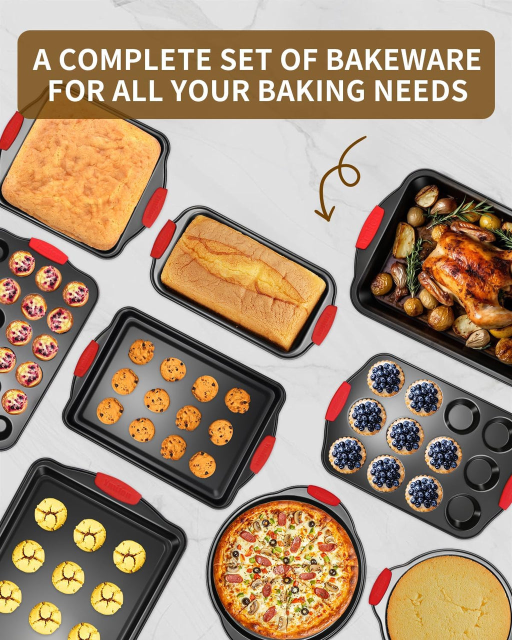 Skiennix 34-Piece Nonstick Baking Pans Set - Silicone Handles, Versatile Bakeware for Every Occasion
