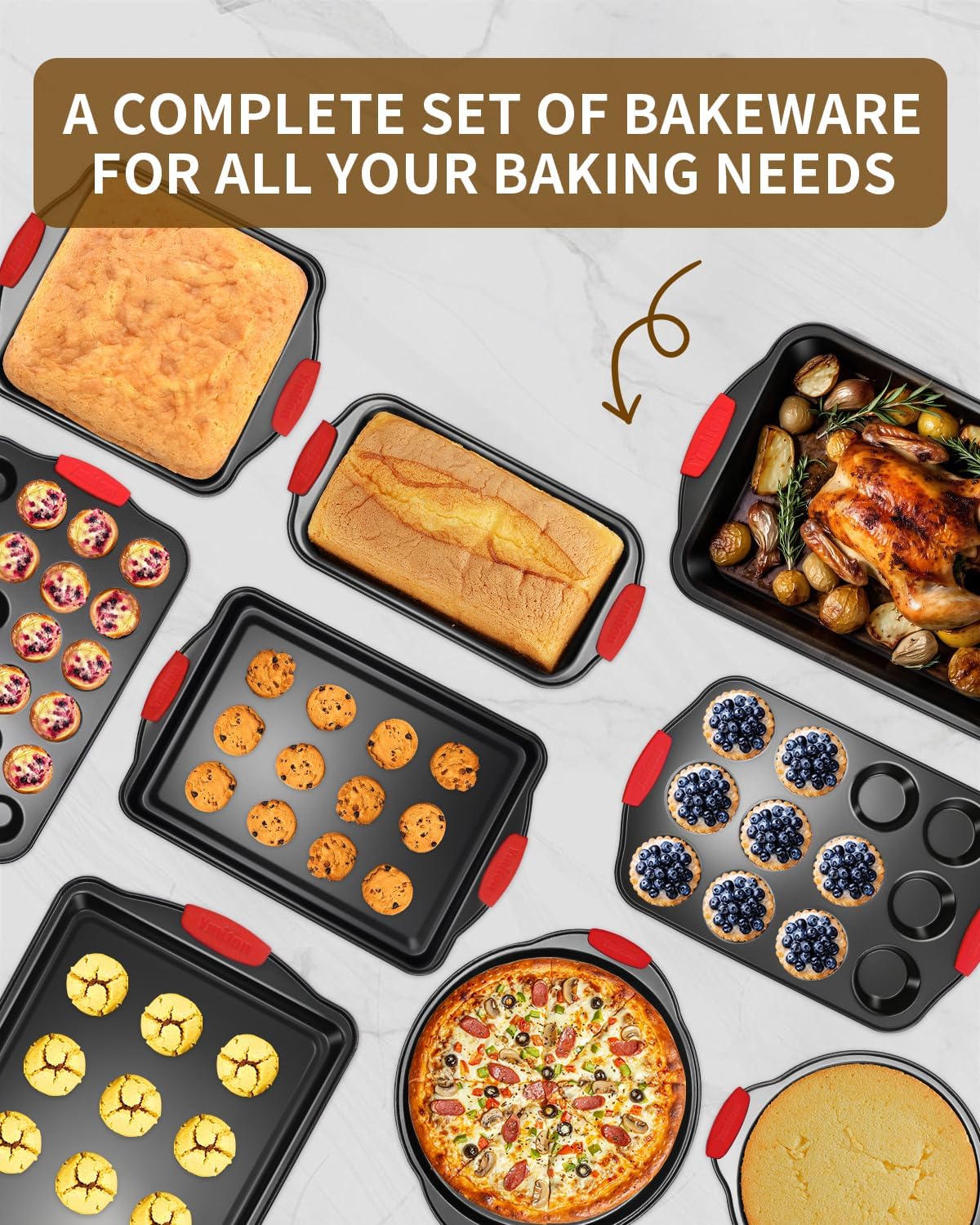 Skiennix 34-Piece Nonstick Baking Pans Set - Silicone Handles, Versatile Bakeware for Every Occasion