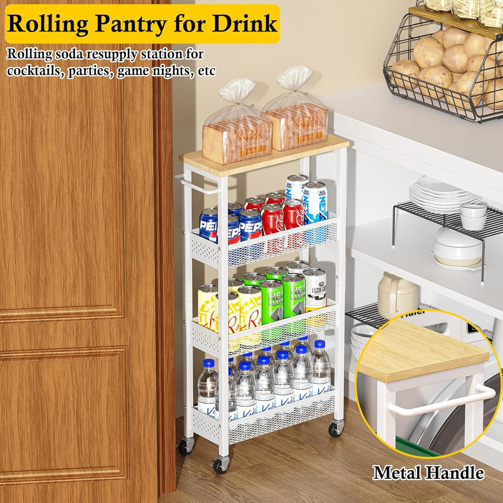 OKZEST Slim Rolling Storage Cart - 4 Tier Mobile Organizer with Wood Top for Kitchen & Laundry | Narrow Design