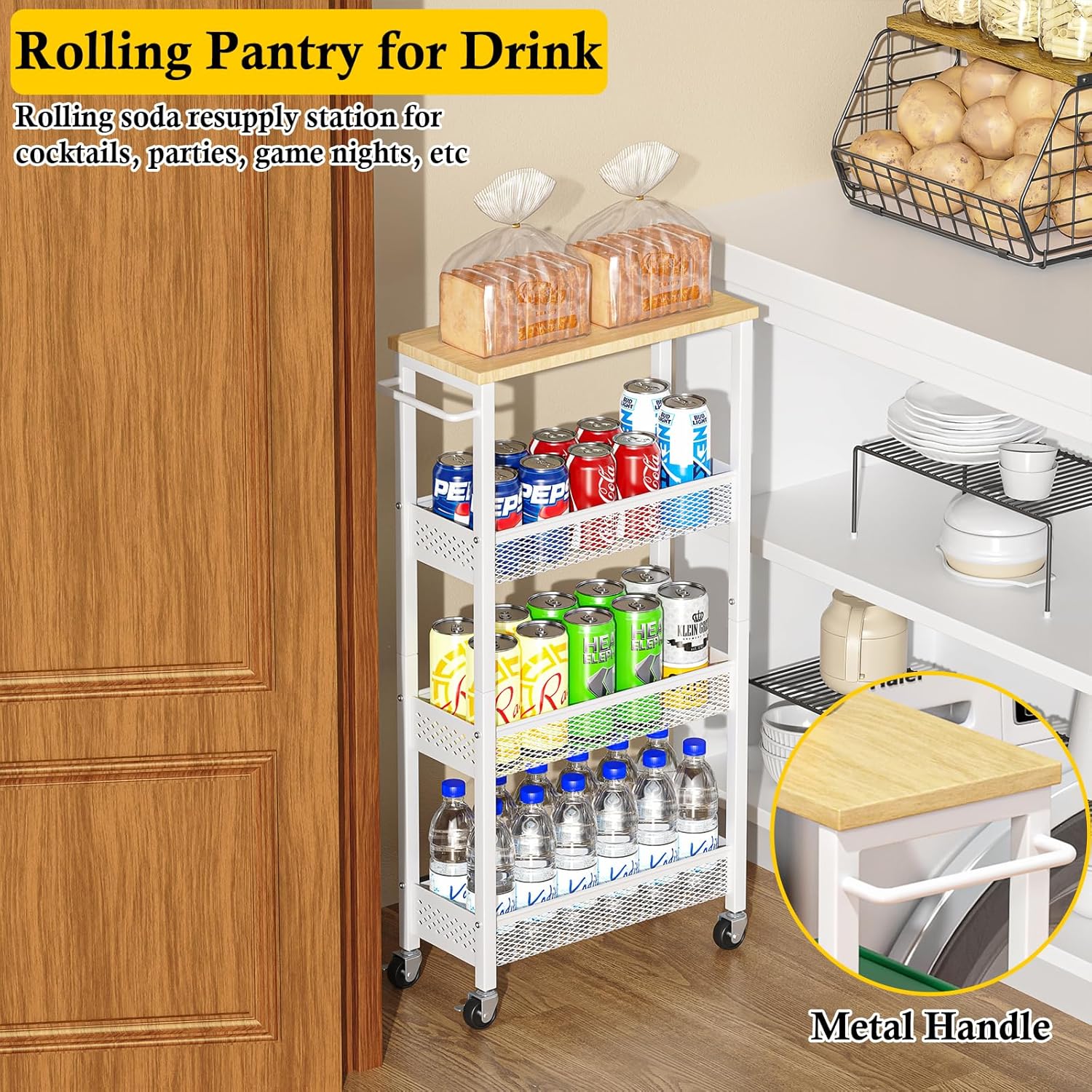 OKZEST Slim Rolling Storage Cart - 4 Tier Mobile Organizer with Wood Top for Kitchen & Laundry | Narrow Design