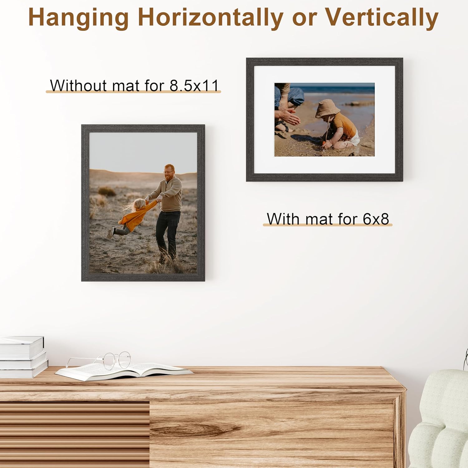 Vittanly Solid Wood Picture Frame - 8.5x11 with Plexiglass & 6x8 Mat | Charcoal Black, Wall Hanging or Tabletop