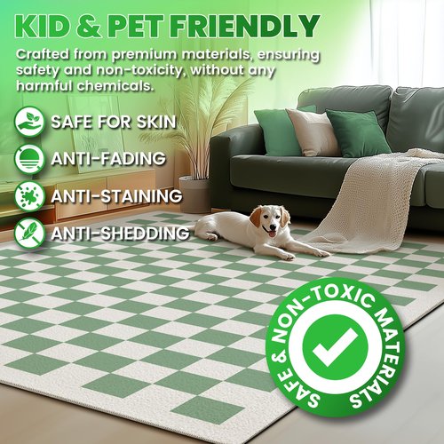 JROSING Washable Checkered Rug, 5x7 Sage Green Checkerboard Modern Foldable Large Area Rugs for Living Room, Low Pile Ultra-Thin Non-Slip Indoor Doormat Carpet for Playroom Classroom Office Bedroom