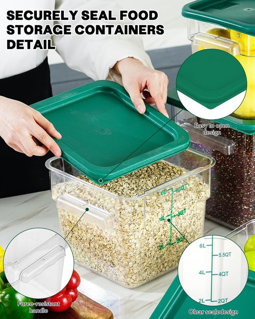 4QT NSF Food Storage Containers: 8 PCS [Food Grade][Hot&Cold Resistant] Commercial Clear Square Food Storage Containers with Scales Handles for Home Restaurant Kitchen Proof Dough(BPA FREE-GREEN)