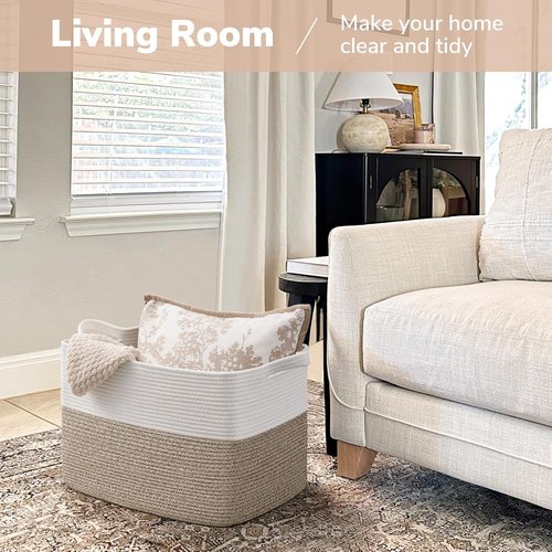 Goodpick Woven Baskets - Large 18" x 14" x 12" Rectangle Storage for Blankets & Toys | White & Brown Home Decor