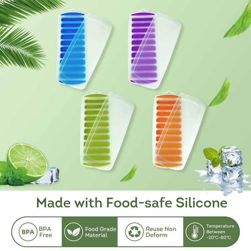 Lily's Home Silicone Ice Cube Tray with Lid Set of 4, BPA-Free, Ideal for Water Bottles & Sports Bottles, Flexible & Stackable Design for Quick Release, Ice Cube Trays for Freezer(11.81"*4.72"*0.95")
